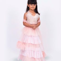 Elaisha Sleeveless Sequins & Ruffle Detailed Lehenga Choli With Dupatta Set - Peach & Off White-image-47