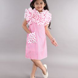 PinkChick Cotton Sleeveless Ruffle Detailed Striped Dress - Pink-image-89