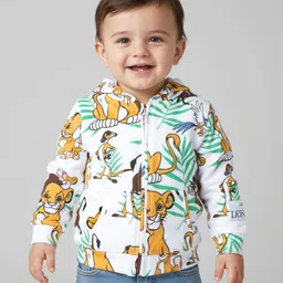 Babyhug Disney Terry Knit Full Sleeves Hooded Sweatjacket With Simba & Friends Print Kangaroo Pockets - White-picture-8
