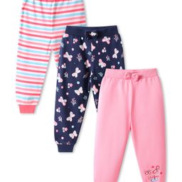 Babyhug Single Jersey Knit Full Length Lounge Pants With Floral & Butterfly Print Pack of 3 - Pink & Navy Blue-image-59