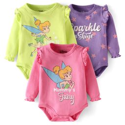 Babyhug Disney Interlock Knit Full Sleeves Onesies with Tinker Bell Graphics & Frill Detailing Pack of 3 - Pink Purple & Lime Green-image-93