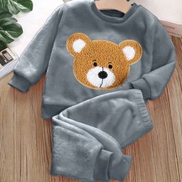 Babymoon Velvet Knit Full Sleeves Bear Patch Embroidered Tee & Pajama Set - Grey-image-92
