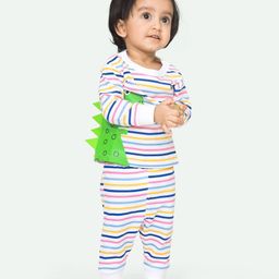 Ariel Pure Cotton Full Sleeves Striped & Dinosaur Printed Tee & Coordinating Joggers Set - Multi Colour-image-68