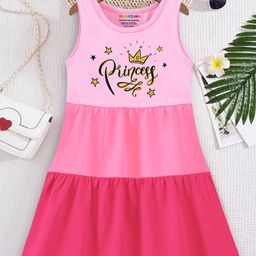 Trampoline Cotton Blend Sleeveless Princess Text Glitter Printed Colour Blocked Tiered Dress - Multi Colour-image-46