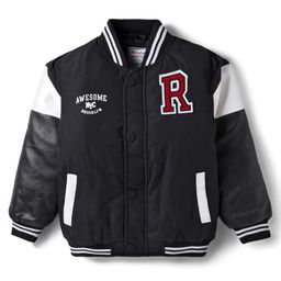 Babyhug Woven Full Sleeves Bomber Jacket With Alphabet Embroidery - Black-image-6