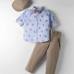 Rikidoos Full Sleeves Aeroplane Printed Shirt & Pant With Cap Bow & Suspender Set - Blue & Khaki-picture-19