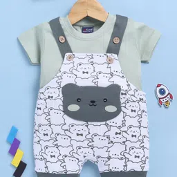 Jb Club Cotton Knit Half Sleeves Teddy Bear Patch Detailed Dungaree & Half Sleeves Tee Set - Green-picture-9