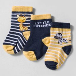 Cute Walk by Babyhug Knit Ankle Length Anti-bacterial Socks with Strips & Animal Pack of 3 - Yellow & Navy Blue-picture-29