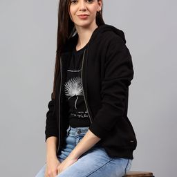 Cantabil Women Solid Hood Fleece Front-Open Ribbed Sweatshirt-image-10