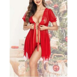 Secrets By ZeroKaata Women Red Self Design Baby Doll Lingerie with Panty (Set of 2)-picture-0