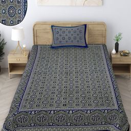 Texstylers Blue & Green Floral 140 TC Single Bedsheet with 1 Pillow Covers-image-3