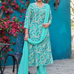 VIBE VISION Floral Printed V-Neck Straight Kurta with Trousers & Dupatta-41