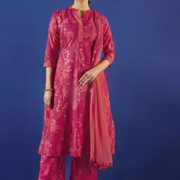 Anouk Floral Printed Mandarin Collar Pure Cotton Straight Kurta With Palazzo And Dupatta-32
