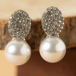 Rukhmani Silver Plated American Diamond & Pearls Studded Spherical Drop Earrings-image-25
