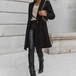KPOP Women Solid Lapel Collar Longline Open Front Jacket-24