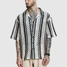 Snitch Men Relaxed Oversized Fit Cuban Collar Chevron Printed Cotton Casual Shirt-image-49