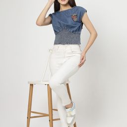 COSMIC TRIO Embellished Denim Crop Top-image-95