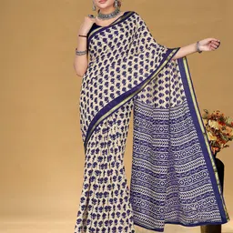 KALINI Bagru Floral Printed Pure Cotton Zari Saree With Blouse-picture-14