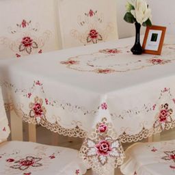 MONKDECOR Cream-Coloured Floral 8-Seater Table Cover with Embroidered details-57
