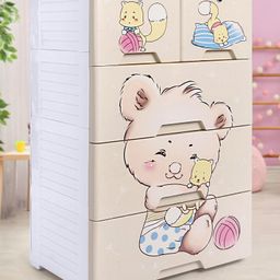 Babyhug 4 Layers High Density Plastic Storage Cabinate Teddy Print With Wheels - Cream-picture-8