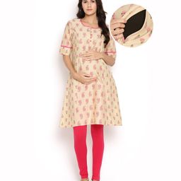Kriti Half Sleeves Allover Print Maternity Kurta - Beige-picture-19