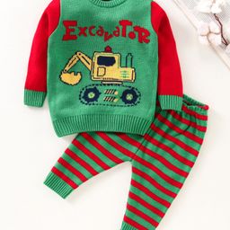 Babyhug Full Sleeves Sweater & Stripe Bottom Excavator Print - Green Red-picture-42