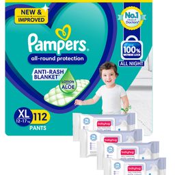Pampers All round Protection Pants, Extra Large size  (XL) 112 Count, Anti Rash diapers, Lotion with Aloe Vera & Babyhug Daily Moisturising Milk Wipes - 72 Pieces  - (Pack of 4)-image-71