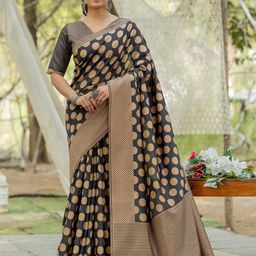 KALINI Polka Dot Silk Blend Block Print Saree-9