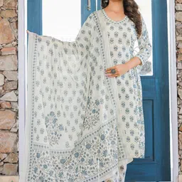 THE FAB FACTORY Floral Printed V-Neck Straight Kurta With Trousers And Dupatta-image-26