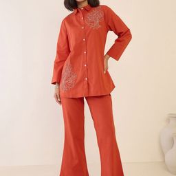 ZUMMER Floral Embroidered Pure Cotton Shirt With Trouser-image-26