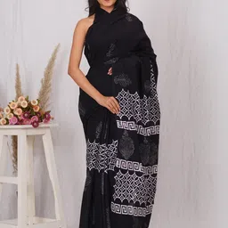 Dastkar Geometric Printed Pure Cotton Block Print Saree With Blouse-picture-7