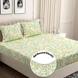 bsb home Yellow Floral Printed Microfiber 160 TC Fitted Queen Bedsheet Set-1.98 m x 1.82 m-88