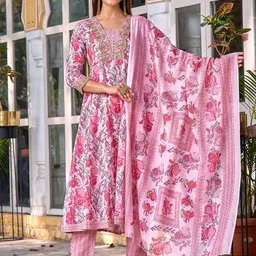 Anouk Floral Printed V-Neck Pure Cotton Thread Work A-Line Kurta With Trousers & Dupatta-picture-17