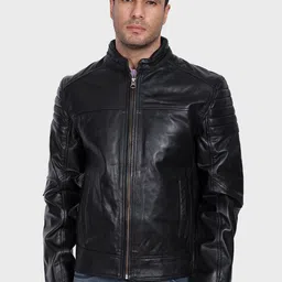 Justanned Men Stand Collar Solid Leather Casual Leather Jacket-image-58