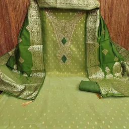 HERE&NOW Women Green Embroidered Art Silk Unstitched Dress Material-picture-10