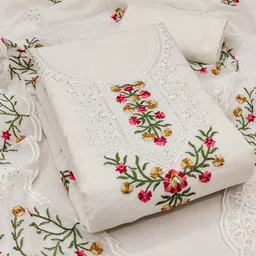 Womens White Floral Sequins Embroidered Unstitched Chanderi Cotton Dress Material-picture-6