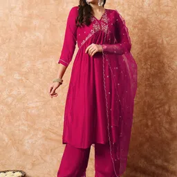 PEENGAX Floral Yoke Design Empire Pure Silk A-Line Kurta With Trousers & Dupatta-28
