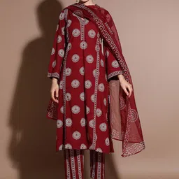 Anouk Marron Floral Printed Pure Cotton A-Line Kurta With Trouser & Dupatta-5