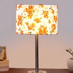 Aura White & Orange Floral Printed Traditional Cylindrical Cotton Shade Wooden Table Lamp-10