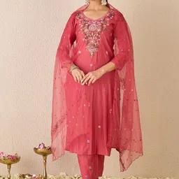 Indo Era Floral Embroidered Stone & Beads Work V Neck Kurta With Trousers & Dupatta-image-87