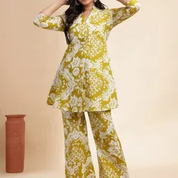 Vbuyz Floral Printed Mandarin Collar Neck Pure Cotton Tunic With Palazzos-picture-29
