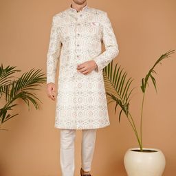 Dulha Ghar Embroidered Mandarin Collar Sherwani Set-49