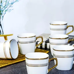 Roxx White & Gold-Toned 6 Pieces Dishwasher Safe Porcelain Glossy Finish Mugs 180ml-image-68