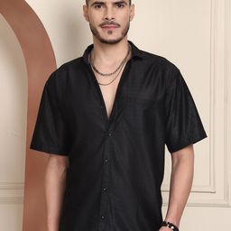 Blezza Textured Spread Collar Short Sleeves Cotton Shirt-image-72