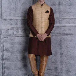 Ethluxis Mandarin Collar Jacquard Dupion Silk Kurta With Churidar & Nehru Jacket-49
