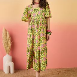 Sangria Floral Printed Pure Cotton Tiered Dress-image-64