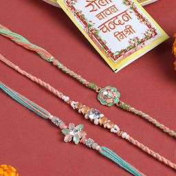 Sangria Set Of 3 Artificial Stones Studded & Beaded Floral Thread Rakhis With Roli Chawal-83