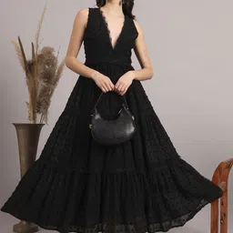 WoowZerz Self Design with Pom-Pom Detail Georgette Fit & Flare Maxi Dress-image-10