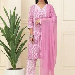 Feel Clath Floral Printed Thread Work Pure Cotton Kurta With Trousers & Dupatta-picture-51