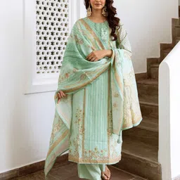 KALINI Floral Printed Round Neck Sequinned Modal Straight Kurta With Palazzos & Dupatta-picture-13